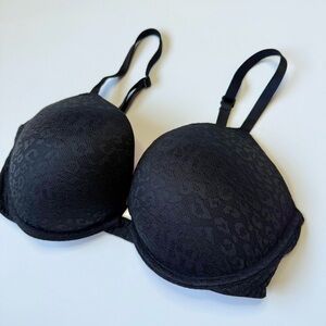 VS Pink Wear Everywhere Super Push-Up Bra 34DD Black Leopard Animal Print